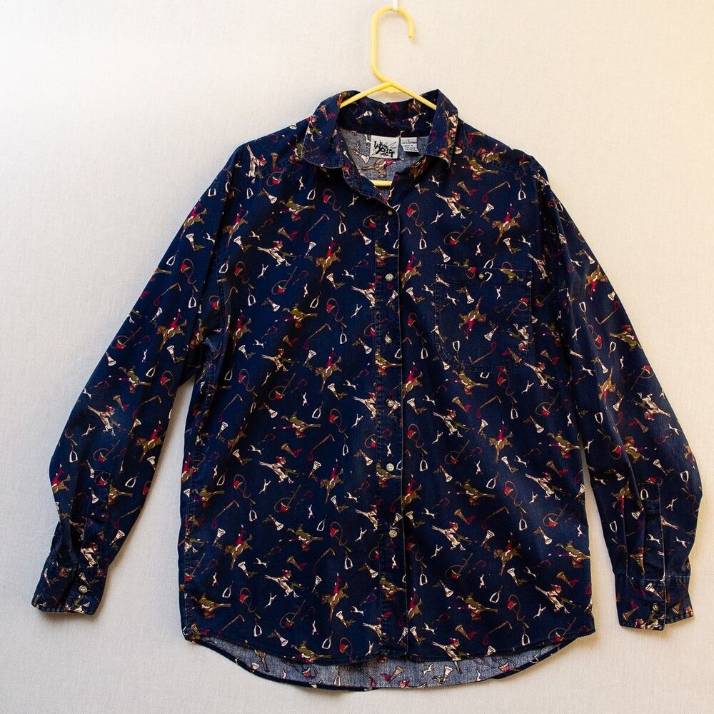 Sudden Impact Men's horse jockey equestrian all over print button down L Vintage